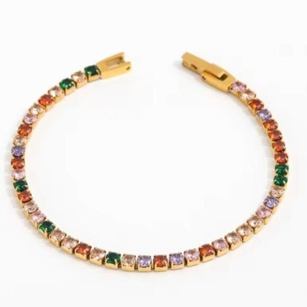 Colorful CZ Tennis Bracelet Waterproof Gold Stacking Bracelet Gold Box Clasp - Picture 6 of 15